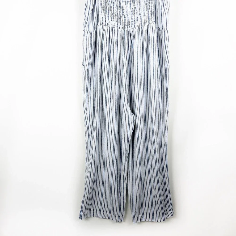 Old Navy Linen Cropped Jumpsuit Smocked Back Blue Stripe Boho Lagenlook - Picture 9 of 16